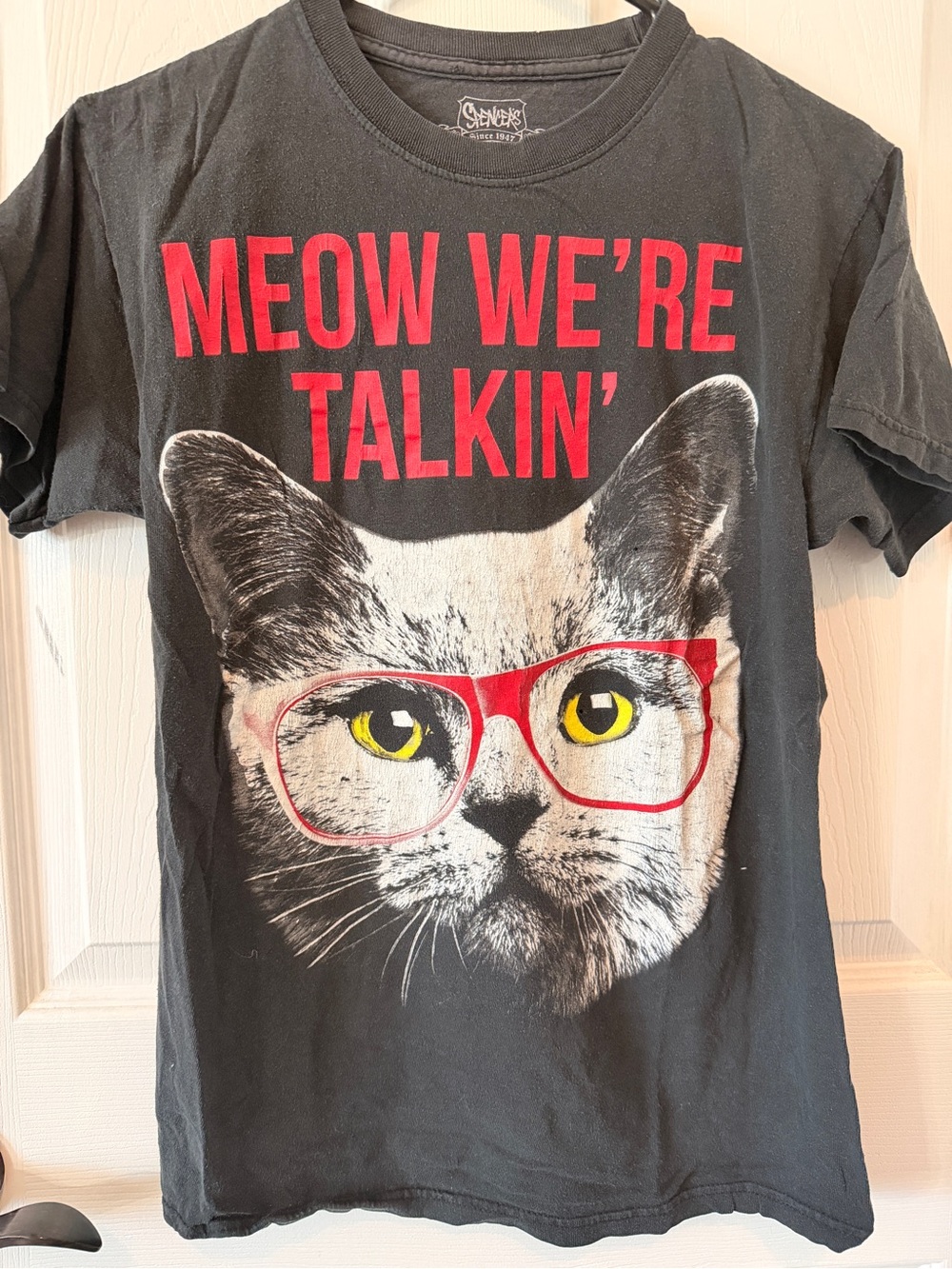 Spencer's Black Tee with Red Glasses Cat Graphic